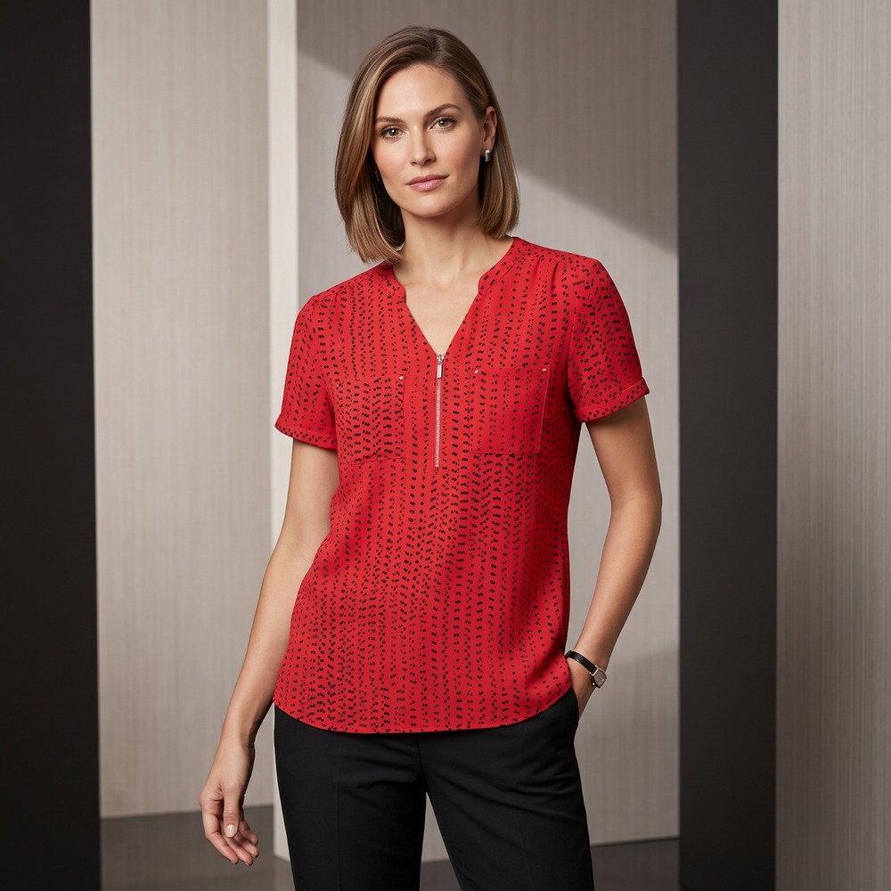 Apt. 9 Red Black Abstract Dot Zipper V Neck Office Retro Quirky Top Corporate M